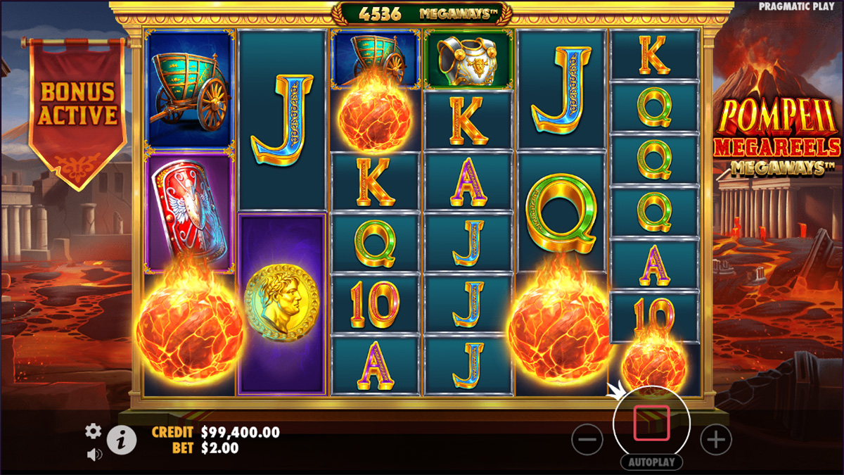 Pompeii Megareels Megaways slot game by Pragmatic Play, free spins win